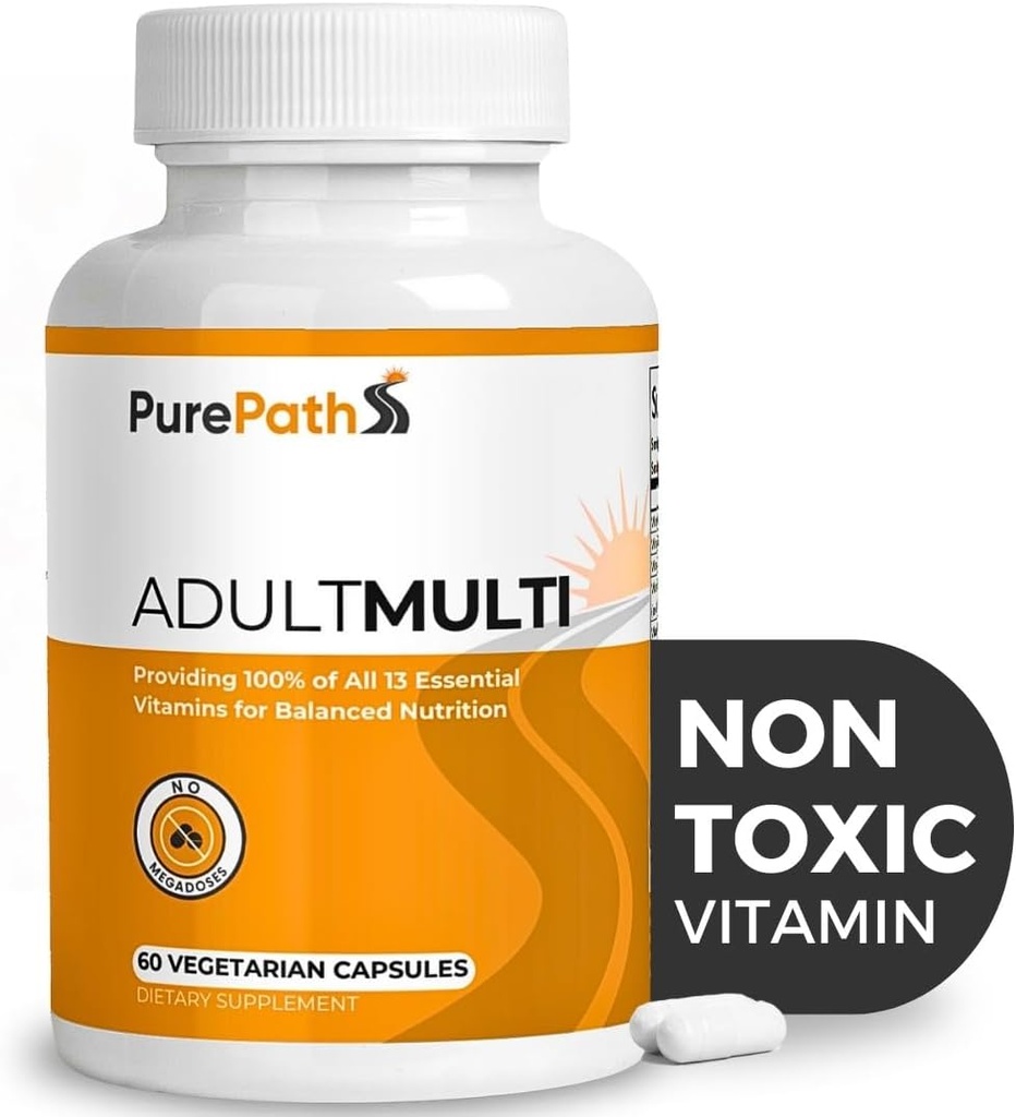 Multivitamine adulte non toxique PurePath - 13 vitamines - 100% RDA - Pas de mégadoses nocives - avec B6 et B12 - Supplément pour l'énergie optimale, focale et longévité - 60 capsules - 30 jours d'approvisionnement