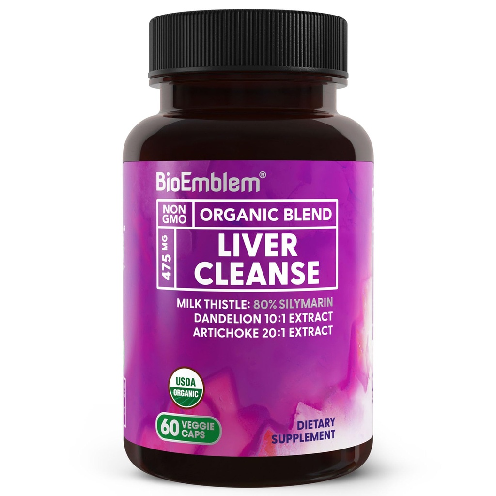 BioEmblem USDA Organic Liver Cleanse - 80% Silymarin Milk Thistle Extract for Liver Health and Liver Function with Dandelion & Artichoke Extracts - 100% Vegan, Non-GMO - Herbal Liver - 60 Capsule