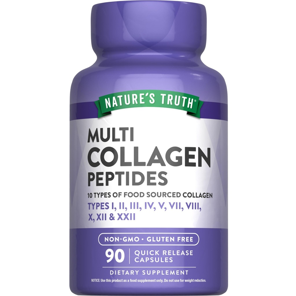 La verità della natura Multi Collagen Peptides capsule | Tipi I, II, III, V, X | 2000 mg | 90 Conte | Keto Friendly | Non OGM e Gluten Supplemento gratuito