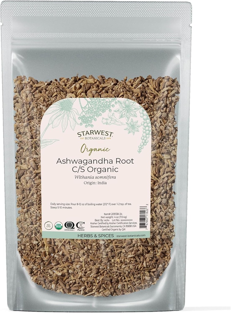 Starwest Botanicals Root Organic Ashwagandha pour les femmes et les hommes - Herbe séchée pour le thé, les capsules et les mélanges naturels à base de plantes, coupée et tamisée, casher certifié, non-OGM - 4 oz Pouch