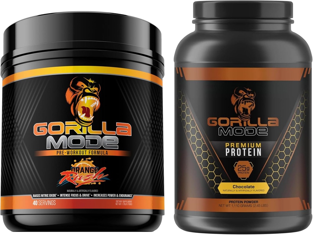 Gorilla Mind Pre Workout (Orange Rush) + Premium Whey Protein (Chocolate) - Stack completo per il rifornimento dei risultati massimi