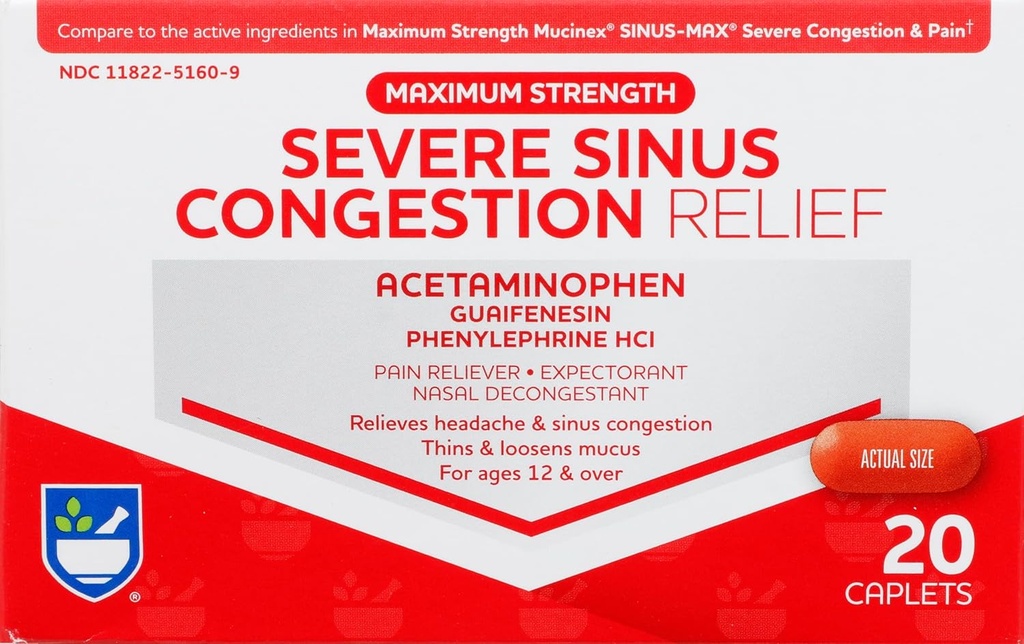 Rite Aid Severe Sinus Medizin und Nasal Decongestant, Maximale Stärke - 20 Caplets | Sinus Relief | Schmerzlinderung | Multi-Symptom Kälte und Flu Medizin | Schwere Kälte & Sinus Medizin für Erwachsene