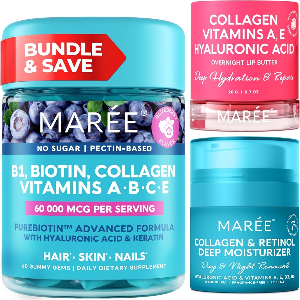 MAREE Bundle - Vitamin B1 Thiamine Gummis, Lip Mask, Face Moisturizer - A, E, D, C Vitamine - Collagen & Hyaluronsäure, Retinol-Komplex für Haut, Nägel, Haar - Maske für trockene Lippen - Anti-Aging Cream