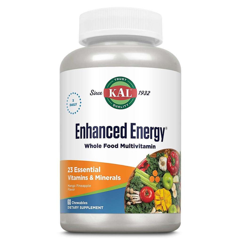 KAL suppléments d'énergie améliorés, aliments entiers à croquer multivitamine avec le fer, 3 quotidien, 23 vitamines et minéraux essentiels, super-aliments, enzymes, mangue ananas, garantie de 60 jours, 20 portions, 60ct