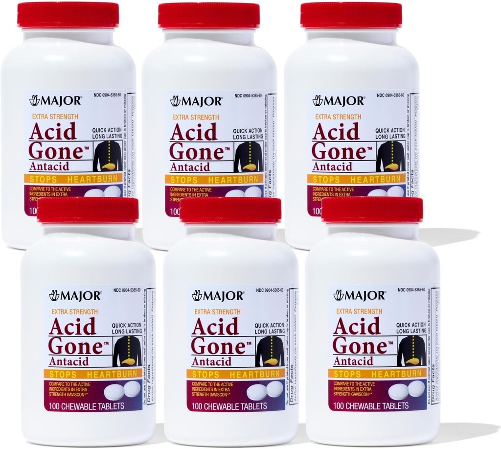 Acido maggiore Gone Extra Forza Antacid Chewable Tablets - Anti-Acid Relief - Acid Reflux Medicine for Adults - Upset Stomach, Acid Indigestion, and Heartburn Relief - Long-Lasting - 100-Count (6 Pack)