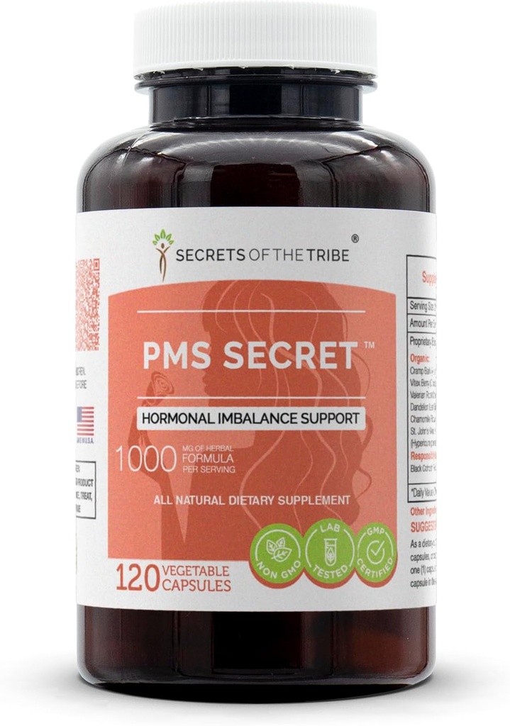 PMS Secret 120 Capsules, 1000 mg, Black Cohosh, Cramp, Vitex, Valérien, Dandelion, Camomile, St. John's Wort. Soutien de l'équilibre hormonal (120 capsules)