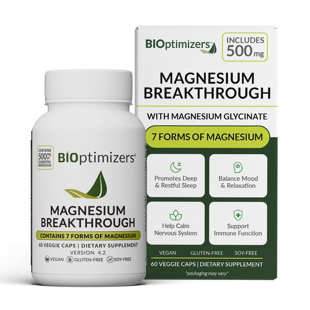 BIOptimizers Magnesium Breakthrough Complex Supplement mit 7 Formen von Mg: Glycinat, Malat, Citrat und mehr - Natürliche Unterstützung für Schlaf und kognitive Funktion - 60 Kapseln- Beruhigende Vitamine