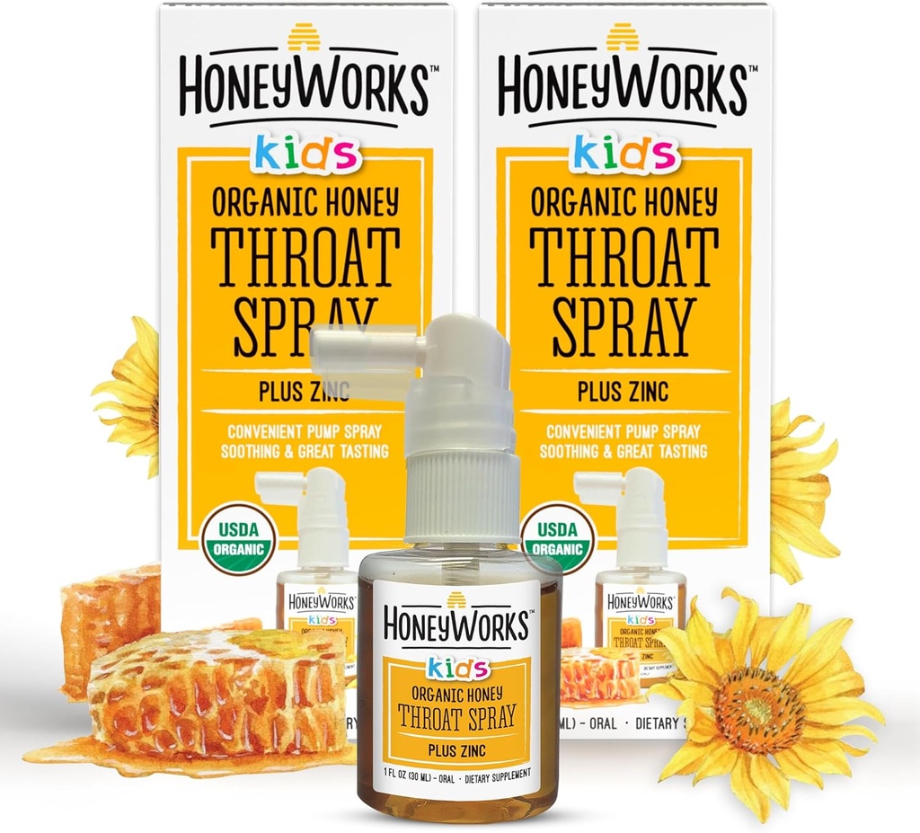 HoneyWorks Kids Throat Spray per Sore Throat Relief, 1 Oz (Pack of 2) Soothing Non-GMO USDA Organic Dark Honey + Zinc, Fast-Acting Relief, 12 Mesi+