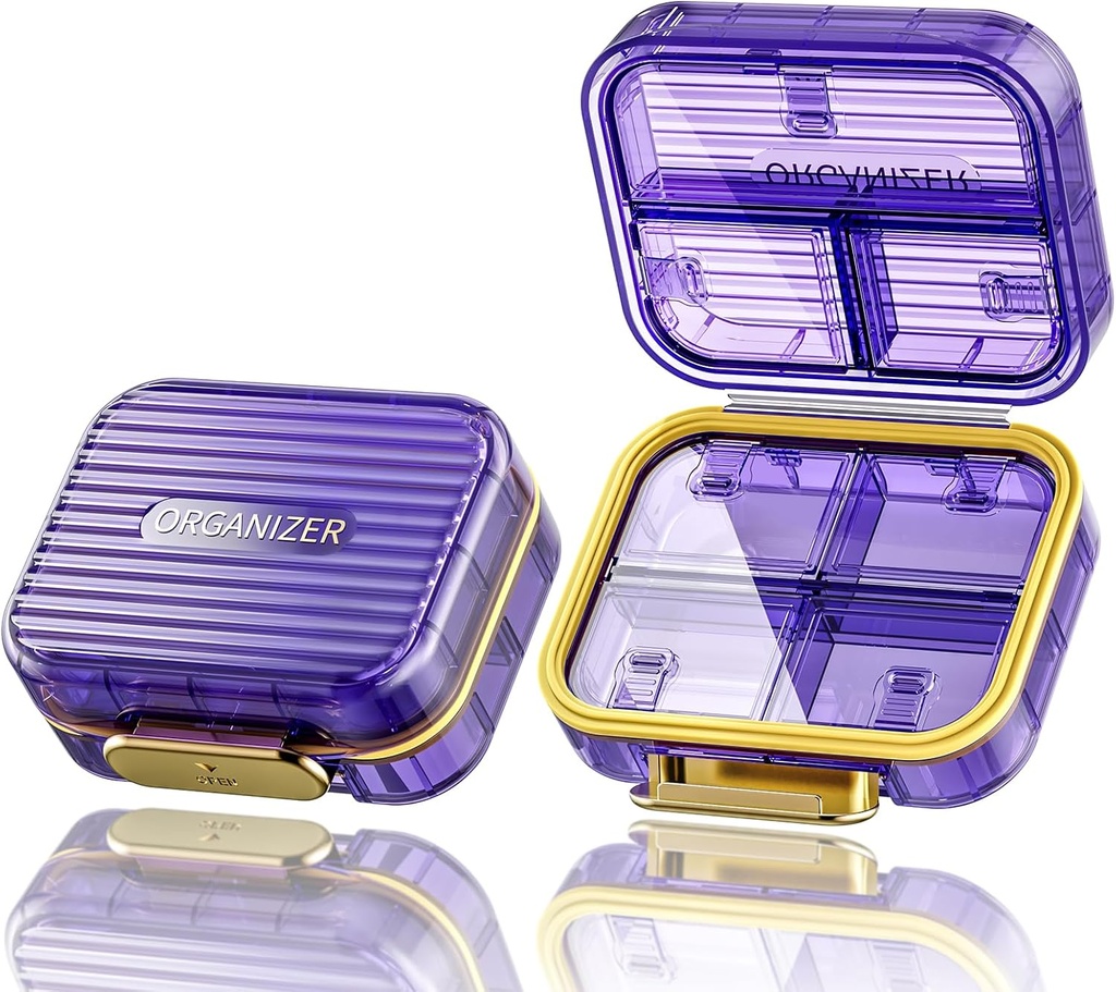 Acedada Petite boîte à pilules, Organisateur de pilules de voyage, Compact 7-Compartment Housse à pilules étanches pour la Purse, Pilule quotidienne Chic, Portable Medicine & Vitamine Holder pour l'huile de poisson et suppléments, Violet