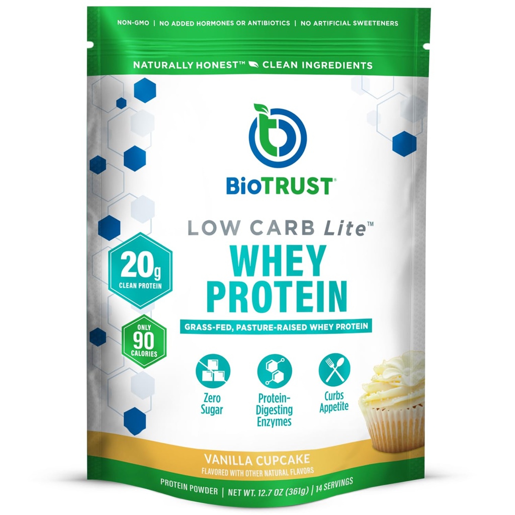 BioTrust Low Carb Lite, 20 Gramm Grass-Fed Whey Protein Isolate, 100 Kalorien, ProHydrolase Verdauungsenzyme, Non-GMO, frei von Soy und Gluten, rBGH-frei (14 Servierungen) (Vanilla Cupcake)