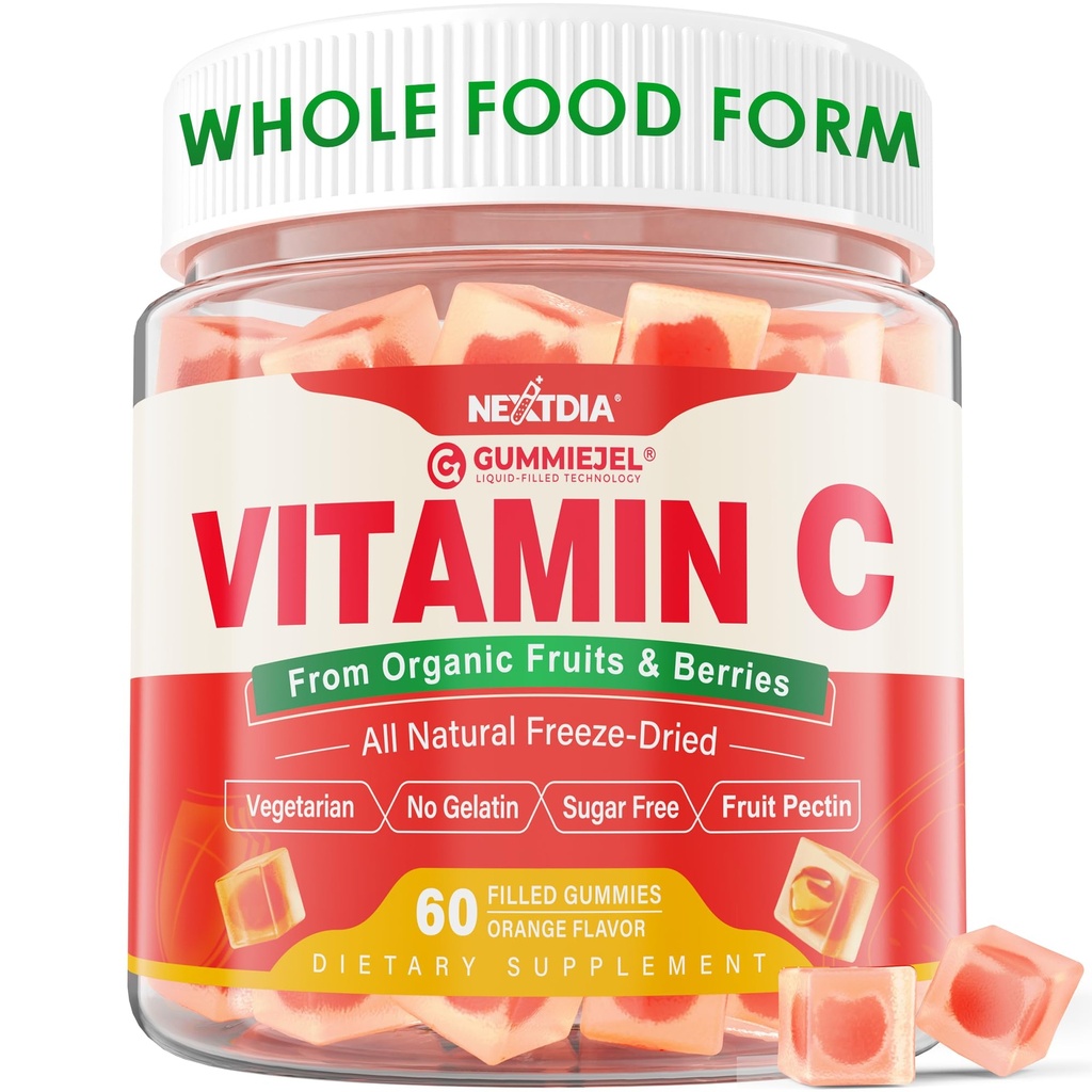 Vitamina organica C Gummies 120mg per adulti, Zucchero Libero, Difesa Immune Giornaliera, Antiossidante crudo, 100% intero Cibo Chewable Vitamin C Supplemento da 1200mg Berry & Frutti per Collagene, Vegan, 60 conti