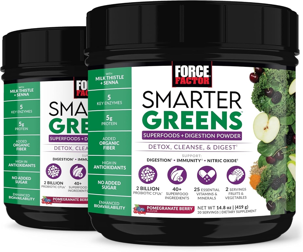 Facteur de force vert plus intelligent Superfoods Poudre pour soutenir la digestion, la santé de Gut, Bloating, Greens Poudre avec probiotiques, prébiotiques, enzymes digestives, et adaptogènes, grenade Berry, 60 portions