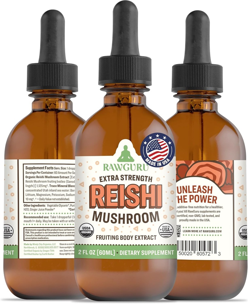 RawGuru Organic Reishi Mushroom Tincture - Reishi Pilzextrakt mit natürlichen Trace Minerals - Nano-Processed Cognitive & Immune Support Supplement - 60 Portionen von Vegan Tropfen pro 60 ml, Packung von 1