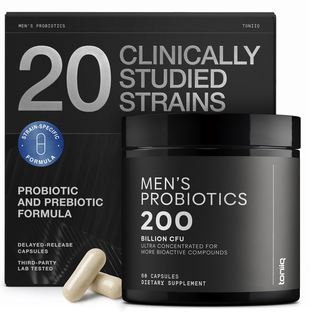 Toniiq Mens Probiotic mit 20 verified Strains – 200 Bilion CFU + 200mg FOS Prebiotic – Mens Probiotics for Gut Health - Cold-Chain & Delayed-Release – Lab-geprüfte synbiotische Formel