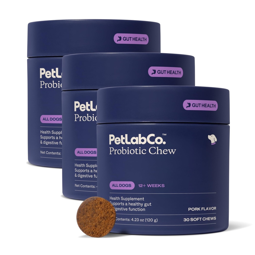 PetLab Co. Probiotiques pour chiens, soutien santé de la gueule, diarrhée occasionnelle, santé digestive et allergies saisonnières - Arôme de porc - 30 chews mous - Emballage Mai Varier (Value 3-Pack)