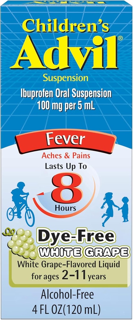 Enfants advil analgésique et réducteur de fièvre, Ibuprofène sans colorant pour les enfants pour soulager la douleur, Ibuprofène liquide pour les enfants, Raisin blanc - 4 Fl Oz