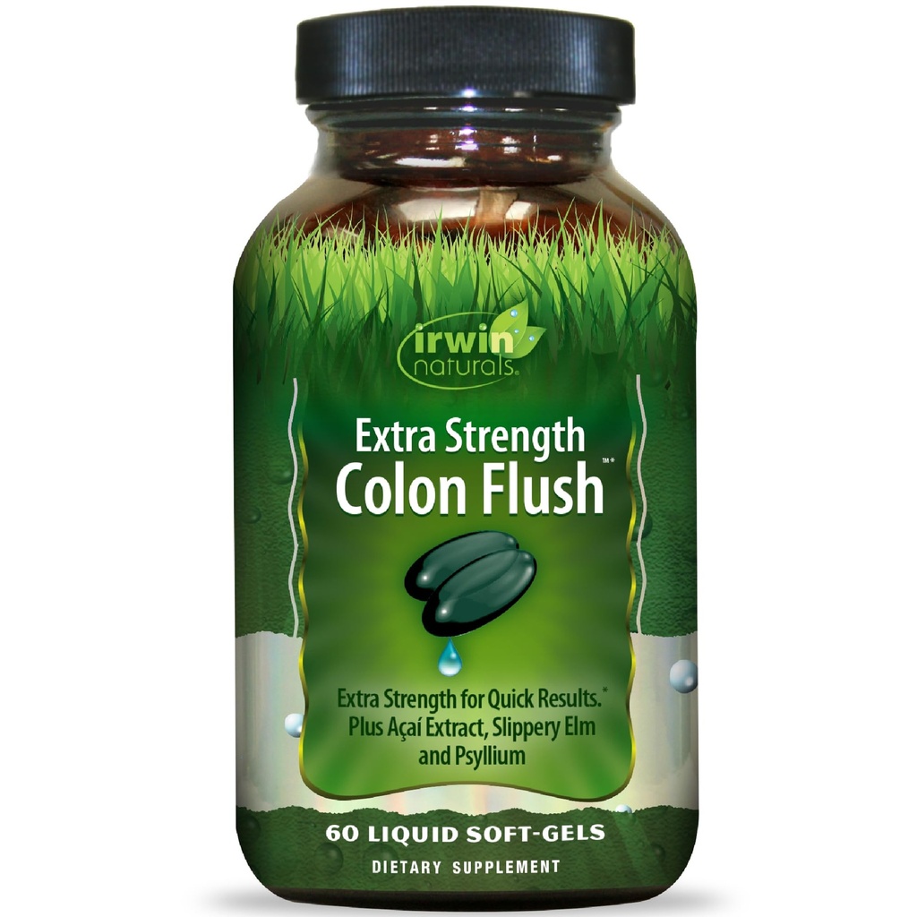 Irwin Naturals Extra Strength Colon Flush Quick & Powerful Digestive + Constipation Support Supplement mit Psyllium, Acai, Triphala + beruhigende Botanicals - 60 Liquid Softgels