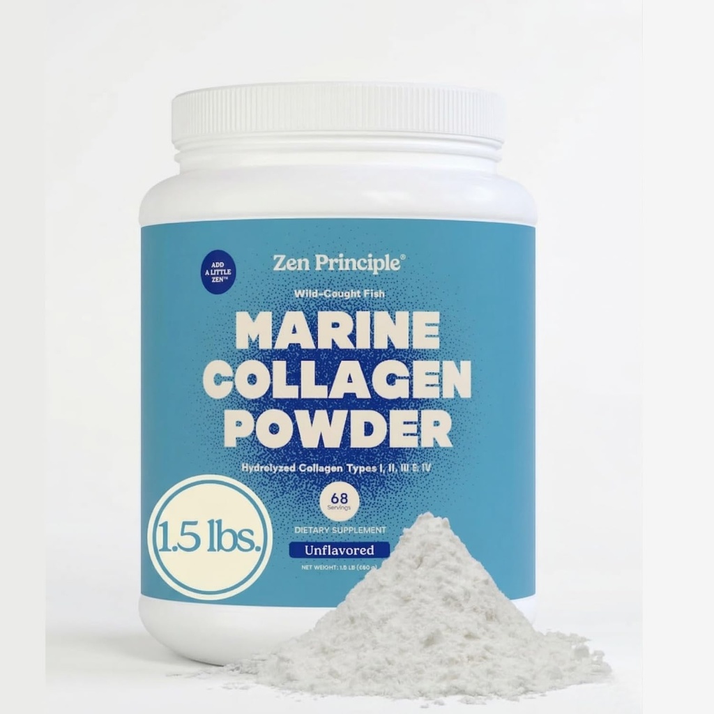 Peptidi di collagene marino di principio Zen Polvere 1,5 lb. Pesce di pesce di selvatico, non OGM. Supporta pelle sana, capelli, articolazioni e ossa. Tipi idrolizzati I, II, III e IV Proteine. Aminoacidi. Facile da mescolare.