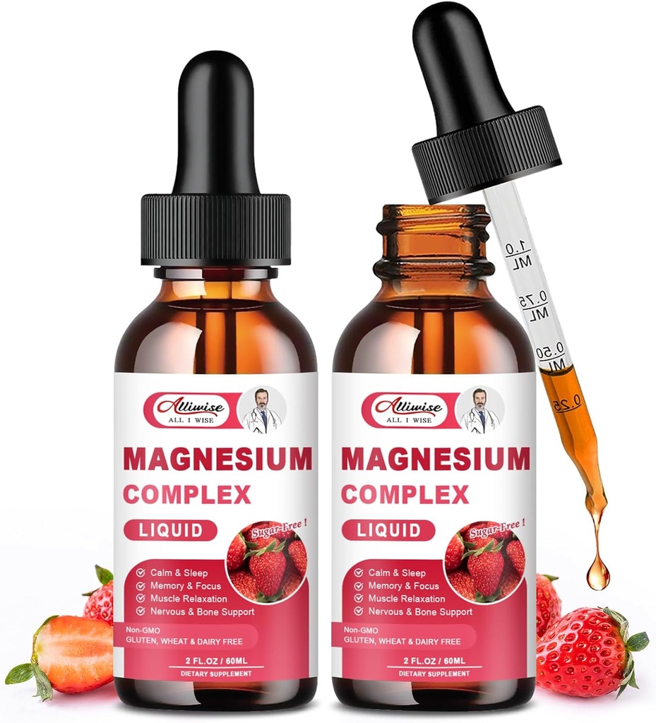 2 Pack Triple Magnésium complexe gouttes liquides Mélange avec Magnésium Glycinate 500mg, Malate et Taurate pour la biodisponibilité maximale.