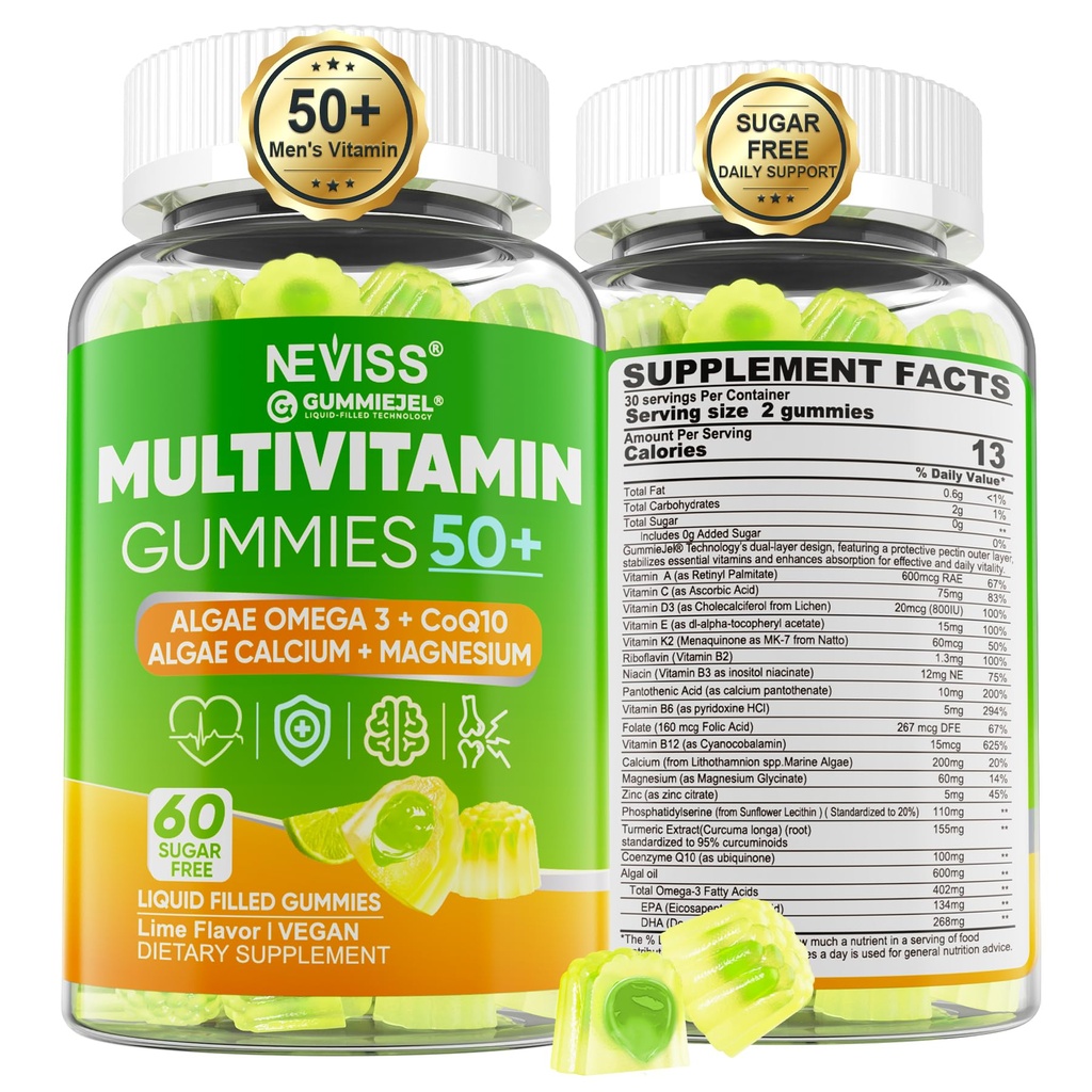 Multivitamin für Männer 50 + Plus, Sugar Free Men Multivitamins Gummis w/Omega-3, Coq10, D3k2, Calcium, Magnesium, Zink, Vitamine A, C & E, Mens Vitamine für HeRt, Antioxidant, Gehirn, Knochen, 60cts