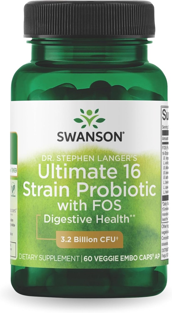 Swanson Dr. Stephen Langer's Formula - Natural Probiotic w/Prebiotic FOS - 16-Strain Supplement Förderung Verdauungsunterstützung w/ 3.2 Billion CFU pro Kapsel - (60 Veggie Kapseln)
