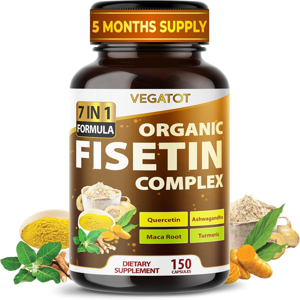 VEGATOT Organic Fisetin Complex 7-in-1 Formula | con Quercetin, Resveratrol, Ashwagandha, Maca Root, Turmeric, Black Pepper | 150 capsule | Non-GMO, Senza glutine