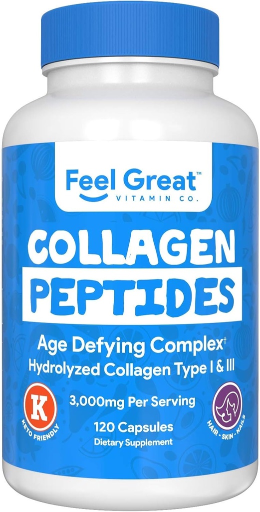Hydrolysierte Collagen Peptide Pulverkapseln (Typ I & III) von Feel Great Vitamin Co. | Weizenfrei, Keto & Paleo Friendly | Collagen Powder Supplement für Haare, Haut und Nägel*