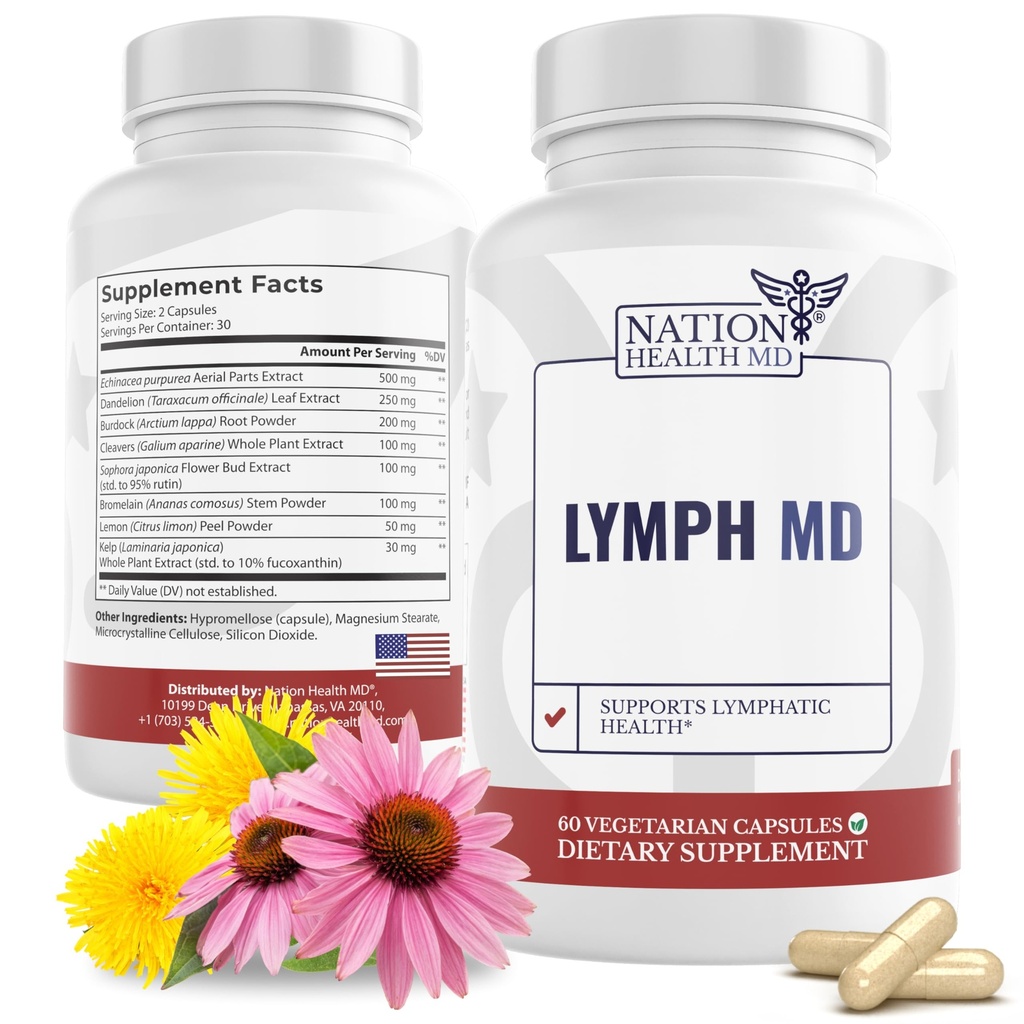 Lymph MD - Lymphatic Drainage Supplement - with Bromelain, Echinacea, Burdock Root, Dandelion, Rutin, Kelp & More - Lymph System Support for Women & Men - 60 Capsules