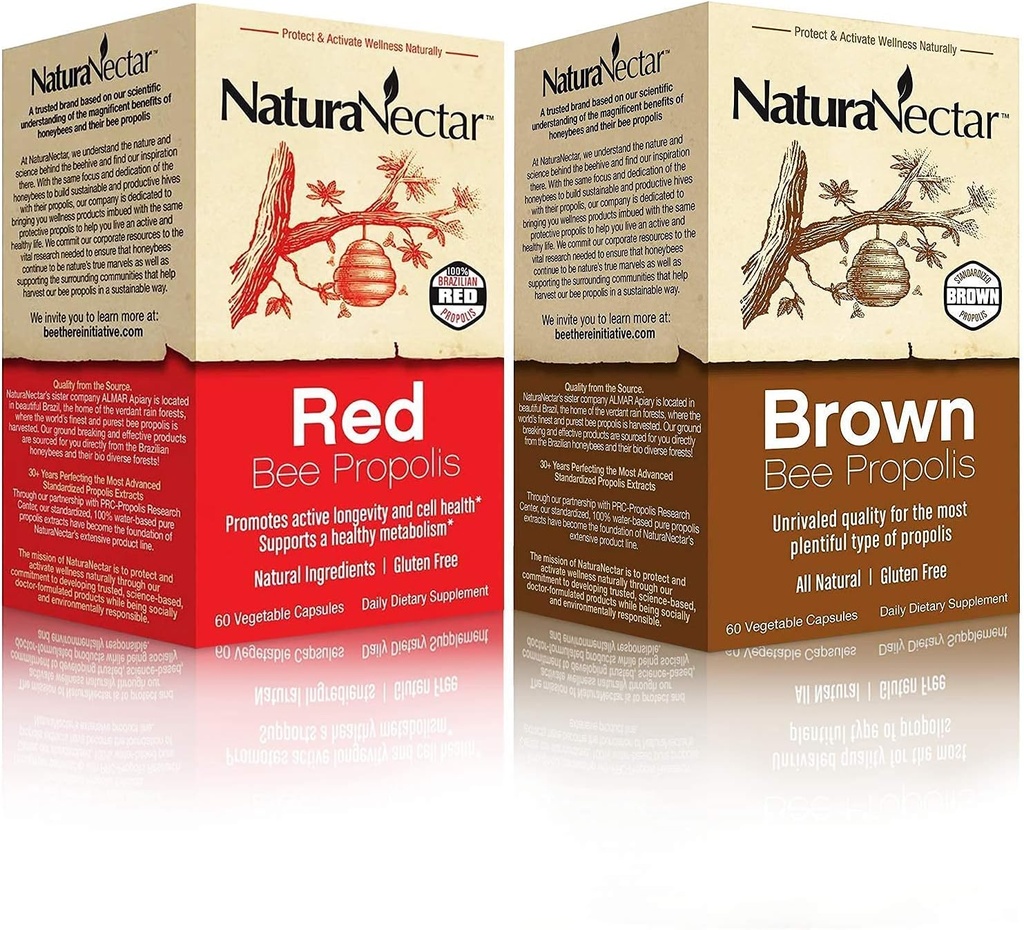 NaturaNectar Propolis naturelle - Propolis rouge et propolis brune - pour le soutien immunitaire, la santé respiratoire et le métabolisme sain - 60 Capsules par bouteille