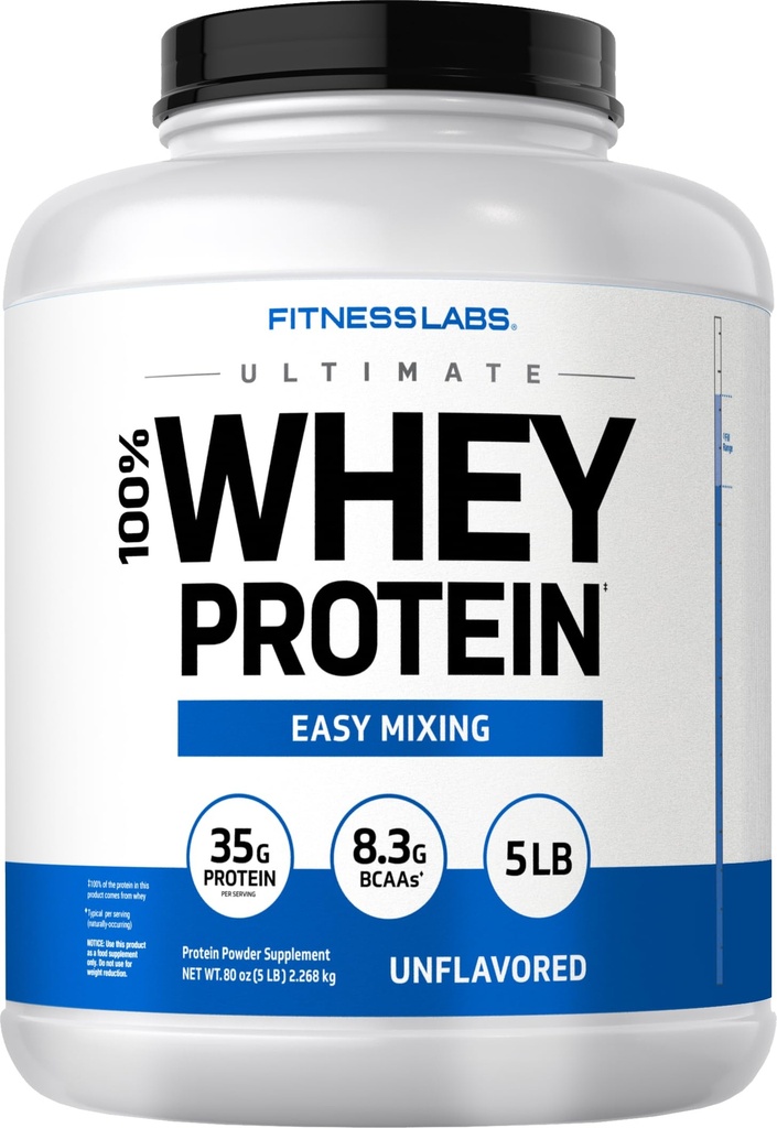 Fitness Labs Whey Protéine Poudre Non aromatisée 5 lbs (80 oz) Easy Mix Ultimate Supplement (non-OGM, sans gluten)