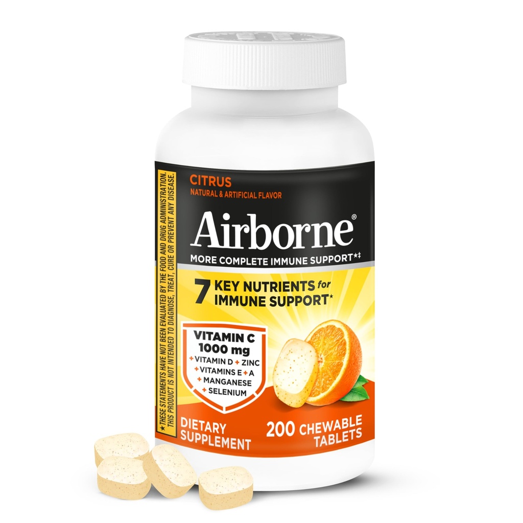 Airborne 1000mg Vitamin C mit D und Zink, Multivitamin Immununterstützungsergänzung mit Antioxidantien A, C und E, 200 Kautabletten, Citrus Flavor