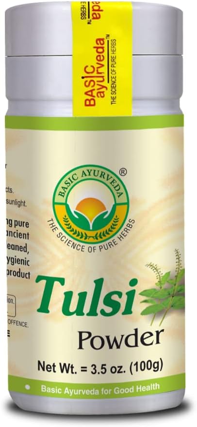 Polvere di Tulsi di AYURVEDA di BASIC | Polvere di foglie di basilico santo per tè, cottura e uso di erbe | Pure & Natural | Gluten-Free, Non OGM | Supplemento di erbe ayurvedica crudo | 3.53 Oz (100g)