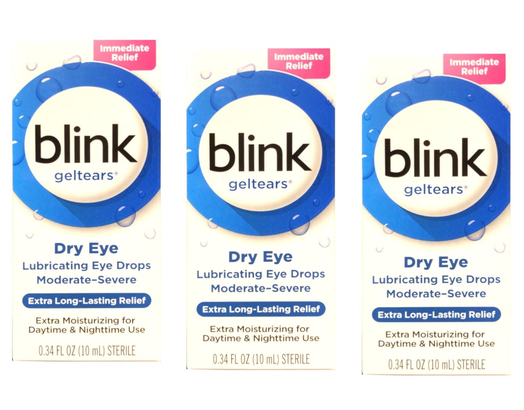Blink GelTears Schmierende Augentropfen für trockenes Auge, extra lang anhaltendes Relief, Feuchtigkeitsspendende Formel, moderate bis schwere Trockenheit, 0.34 fl oz (Pack von 3)