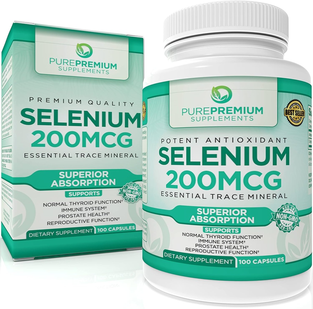 PurePremium Selenium 200mcg Supplement - L Selenomethionine Essential Mineral - Tägliche Unterstützung für normale Schilddrüse, Immunsystem| Normale Prostata Funktion - 3 Monate Versorgung - 100 Kapseln