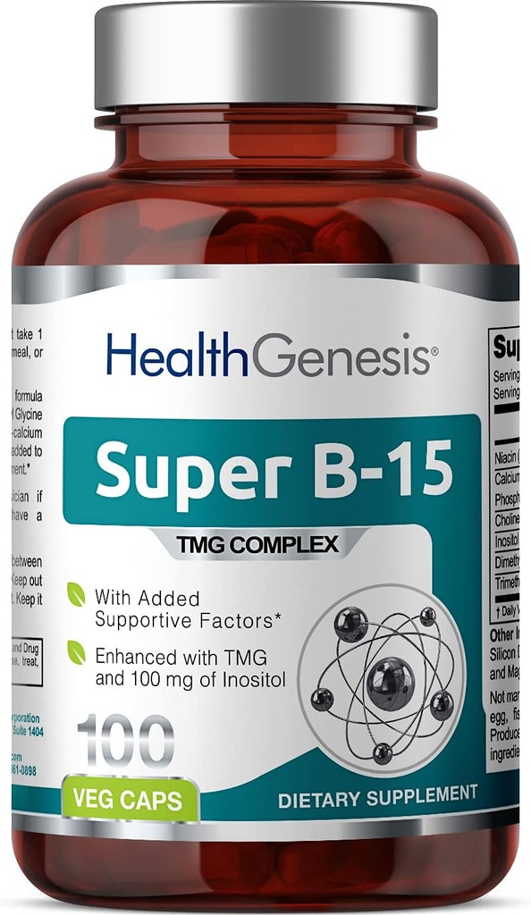 Super B-15 100 Vcaps - Niacine Calcium Choline Inositol DMG TMG - Soutient des niveaux d'énergie d'oxygène sains
