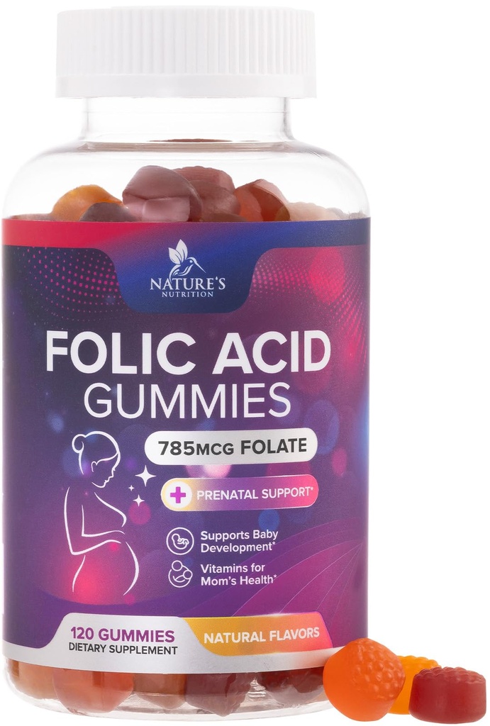 Folsäure-Gummi für Frauen 785 mcg, Essential Prenatal Vitamine für Mutter & Baby, Vegan Folic Supplement Gummy, Daily Vitamin B9 Extra Strength Folate, Vor während Nach Schwangerschaft - 120 Gummie