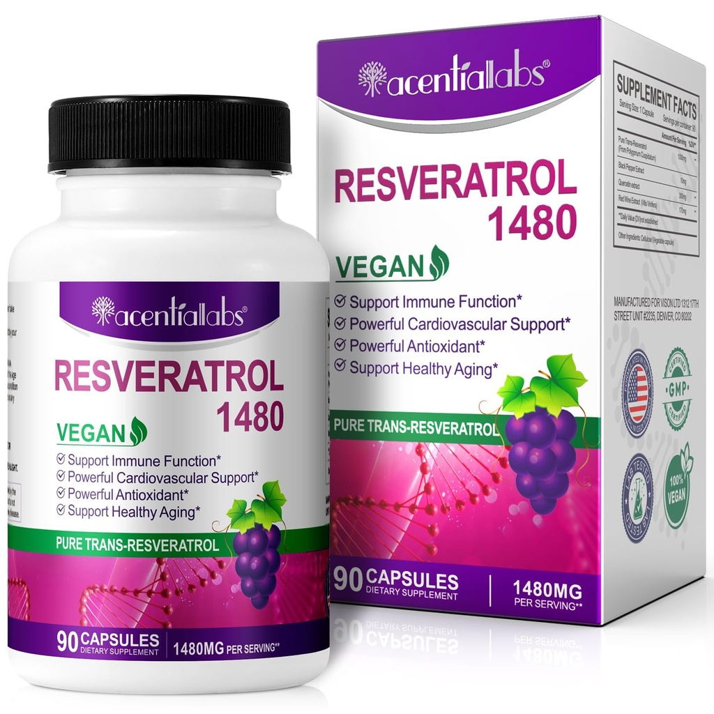 100% naturale Resveratrolo - 1480mg Per Serving, 90 capsule vegetali, 99% puro Trans-Resveratrolo, Antiossidante per l'invecchiamento sano, cervello e supporto cardiaco