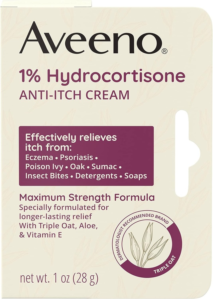 Aveeno Maximale Stärke 1% Hydrocortison Anti-Itch Creme, Triple Oat, Aloe & Vitamin E für Itch Relief von Eczema, Psoriasis, Insektenstiche, Gift Ivy, Eiche & Sumac & Detergents, 1 Unze