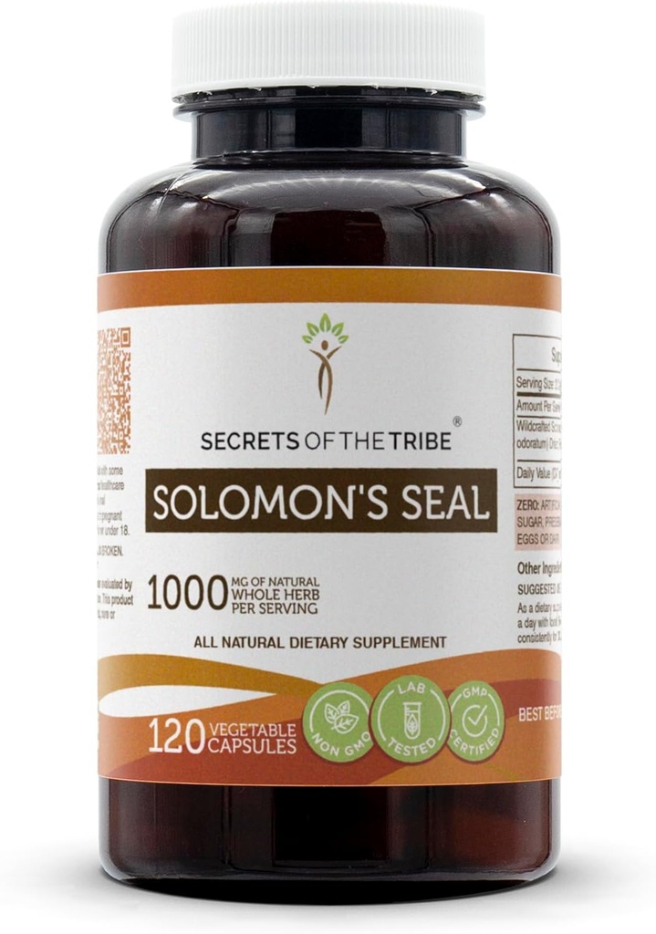 Secrets du sceau de la tribu Salomon 120 Capsules, 1000 mg, Wildcrafted Sceau de Salomon (Polygonatum odoratum) Rhizome séché (120 Capsules)