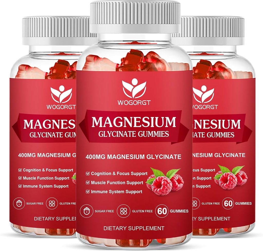 Gommies glycinées de magnésium - 400mg Gommy glycinées de magnésium avec vitamine D, B6 et CoQ10, supplément de magnésium pour la relaxation et la cognition, sans sucre - 60 Gommies framboises (3 pack)