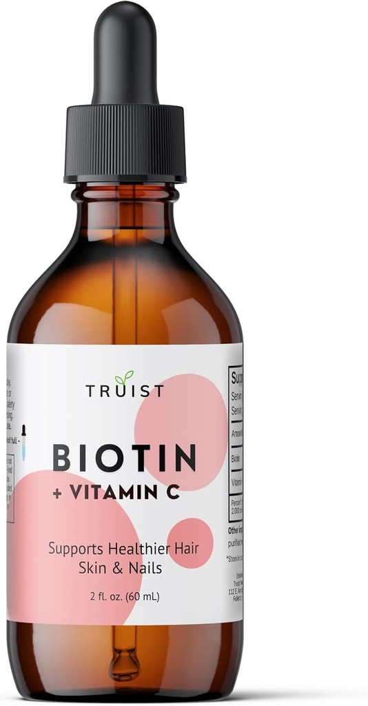 Biotine pure gouttes liquides 10000mcg - Biotine (B7) Max. Force pour les cheveux, la peau et les ongles - Vitamine C (8mg) - Femmes et hommes - 60 jours d'approvisionnement / 2,0 Fl. (60ml)