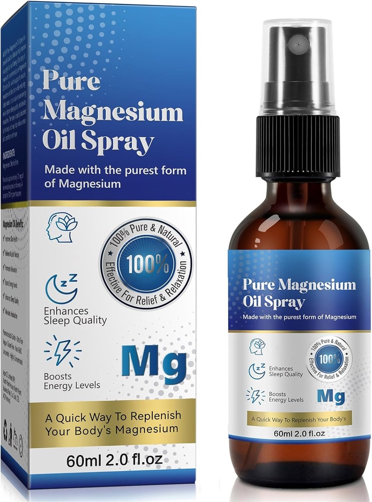 Magnesium Spray, Magnesiumöl für Füße und Schlaf,Pure Magnesium Öl Spray, 100% rein und organisch, Glasflasche, Reisegröße 2 Fl oz