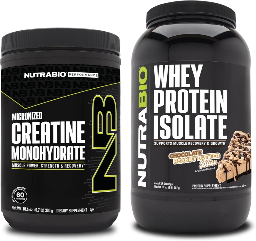 NutraBio Créatine monohydratée, non aromatisée, 300g et Isolate de protéines de lactosérum, beurre d'arachides au chocolat, supplément - énergie musculaire, croissance musculaire maigre, récupération et force