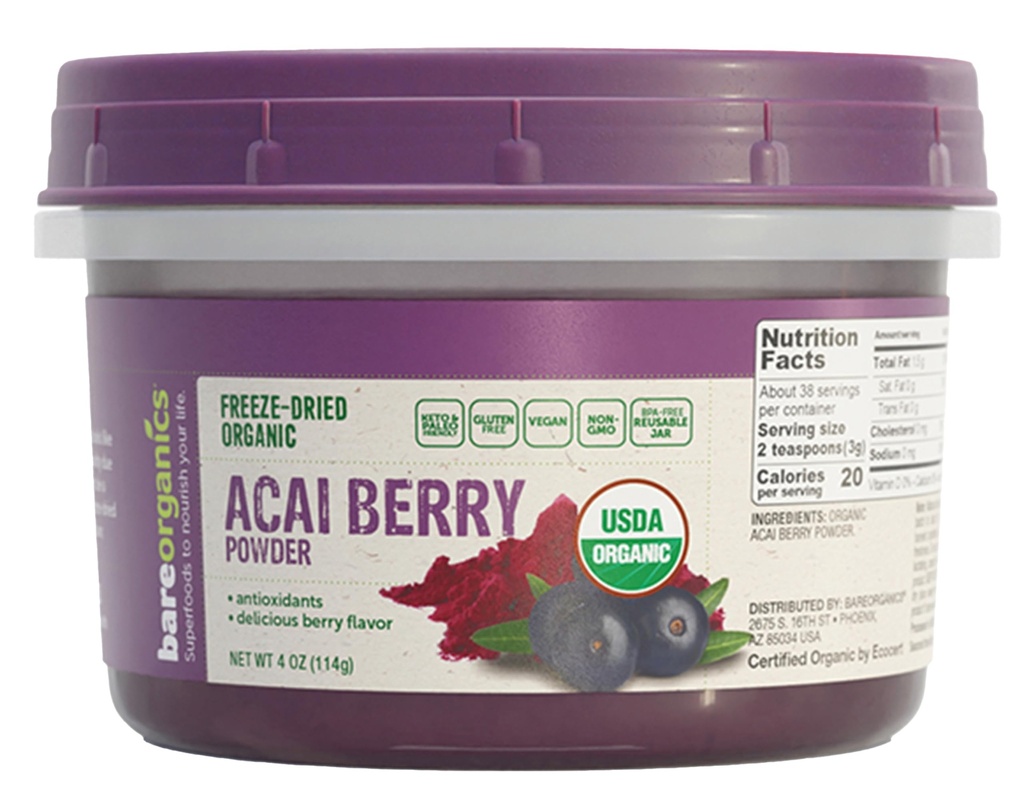 BareOrganics Poudre de baies d'açai, poudre super-alimentaire, complément alimentaire biologique, 4 onces