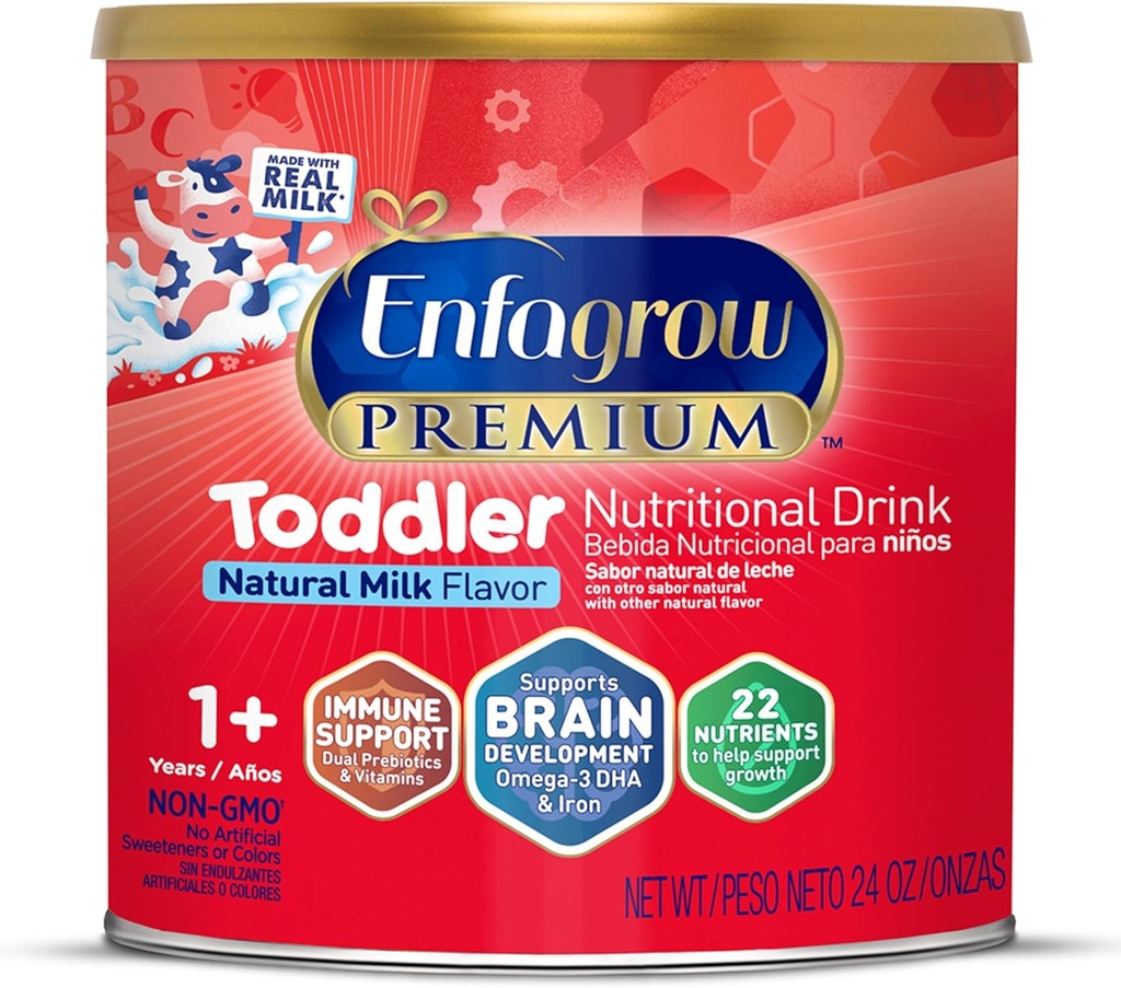 Enfagrow PREMIUM Kleinkind Nutritional Drink, Made with Real Milk, Brain-Building Omega-3 DHA, Nährstoffe und Präbiotika für Wachstum und Immununterstützung, Non-GMO, Kleinkind Milchpulver, 24 Oz Can