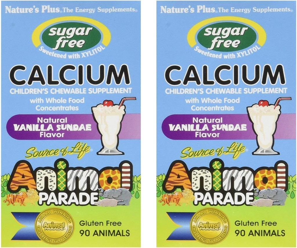 NaturesPlus Animal Parade Zucchero-Free Calcium per bambini, Vanilla Sundae Flavor - 90 Tavole a forma di animale masticabile, Confezione da 2 - Magnesio per la salute del chiodo - Gluten Free - 90 Serve