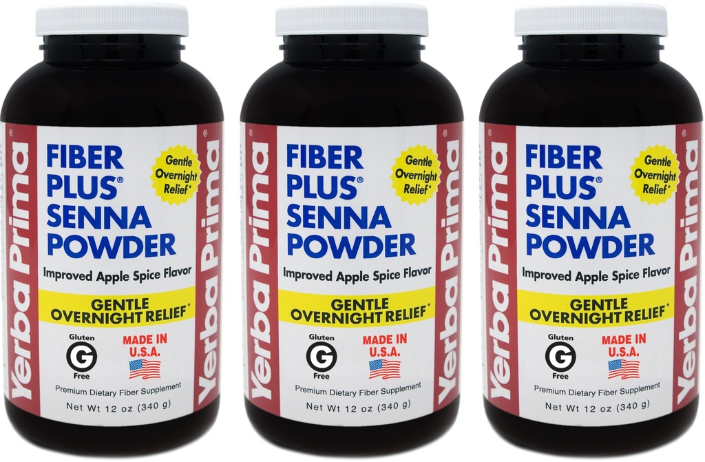 Yerba Prima Fiber Plus Senna Powder, 12 once (Pack of 3) - per uso a breve termine per ripristinare la regolarità, Migliorato Apple Spice Flavor, Stevia addolcito, Fornisce Gentle Overnight Relief, Non-GMO