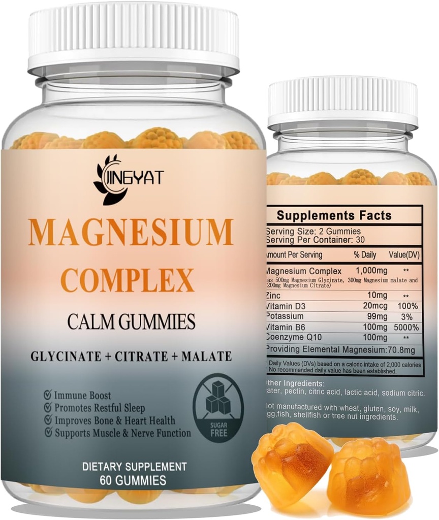 Triplo Magnesio Complesso - Alto assorbimento Magnesio Gummie, Magnesio Glycinate, Malato, & Citrato, Formazioni Chelate con Vitamina D e Zinco, Potassio, Coq10 Supplemento