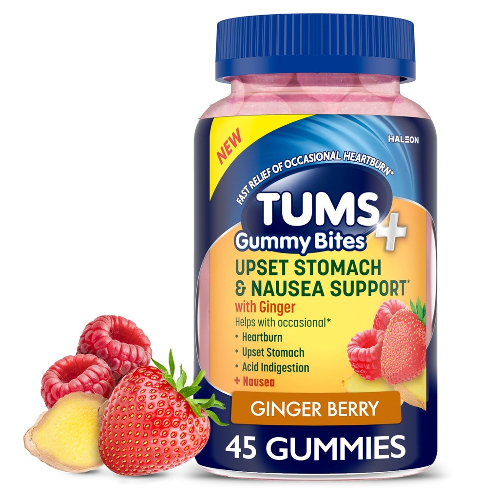 TUMS Plus Upset Stomach & Nausea Support, Integratore alimentare, Ginger Berry - 45 Count