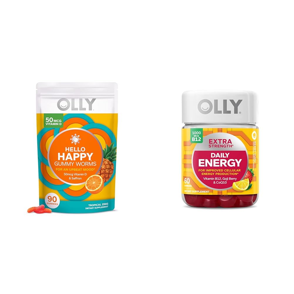 OLLY Hello Happy Gummy Worms, Mood Balance Unterstützung, Vitamin D, Saffron, Erwachsene Kaubare Ergänzung & Extra Kraft tägliche Energie Gummy, Koffeinfrei, 1000mcg Vitamin B12, CoQ10, Goji Berry